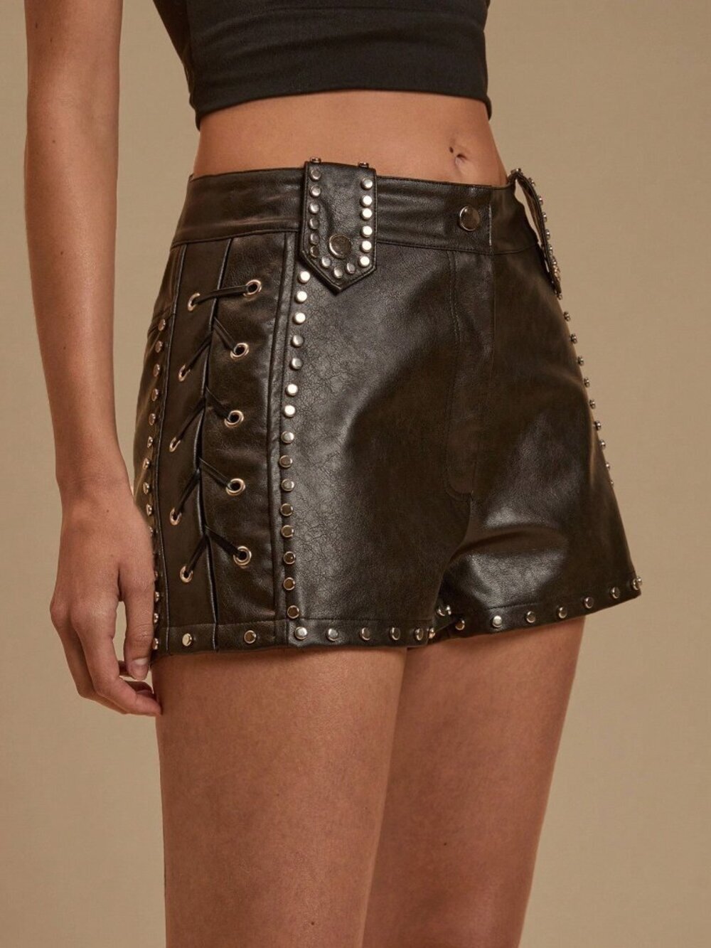 Black Casual Women's Woven Rivet Leather Sexy Shorts